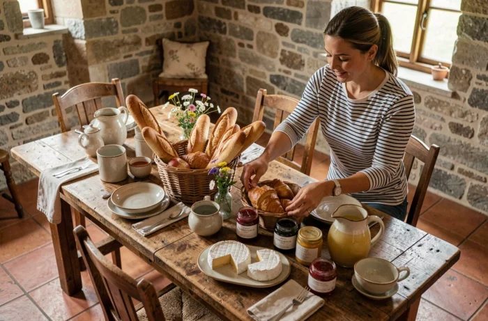 Normannischer Frühstückstisch mit regionalen Produkten in einem Speisesaal aus Stein einer Pension