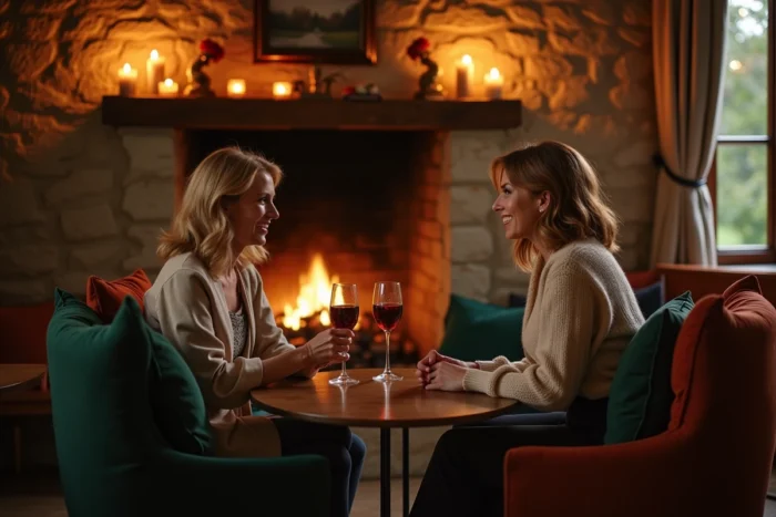 Intérieur chaleureux du club La Petite Cheminée à Châteaugiron, avec cheminée en pierre, bougies et deux femmes discutant près du feu