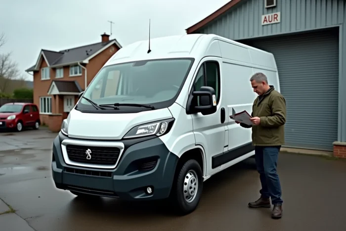 Peugeot Boxer capot ouvert devant un garage avec un mécanicien consultant un manuel technique pour désactiver l'anti-démarrage