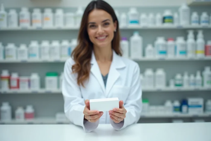 Pharmacienne tenant une boîte de médicament Daflon au comptoir d'une pharmacie