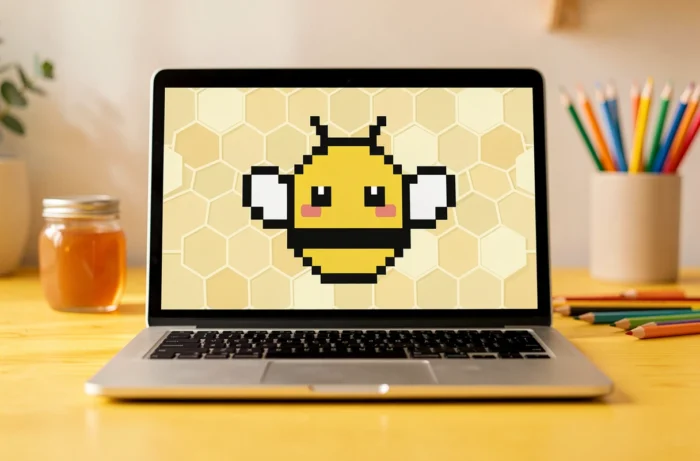 Ordinateur portable sur bureau en bois jaune affichant un pixel art kawaii d'abeille ronde rayée jaune et noir avec ailes blanches et joues roses