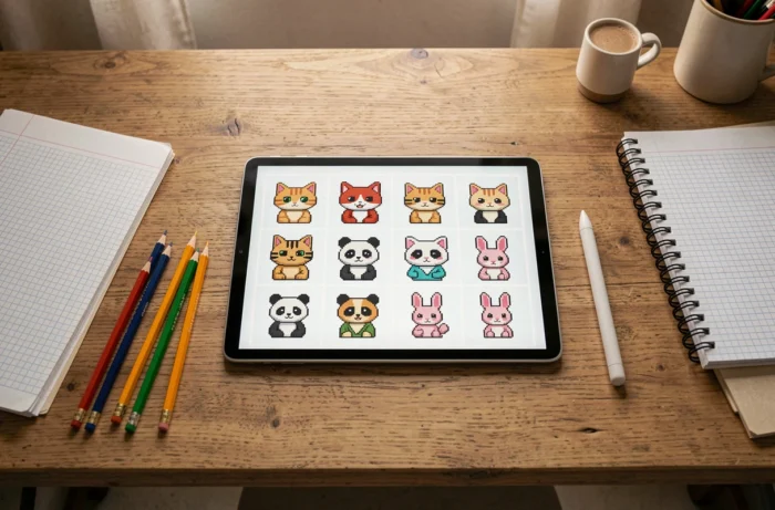 Bureau créatif avec tablette affichant des dessins de pixel art animaux, entourée de carnets et crayons de couleur