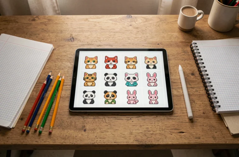 Bureau créatif avec tablette affichant des dessins de pixel art animaux, entourée de carnets et crayons de couleur