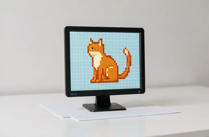 Écran d'ordinateur affichant un pixel art de chat assis de profil en orange et crème sur fond bleu pastel