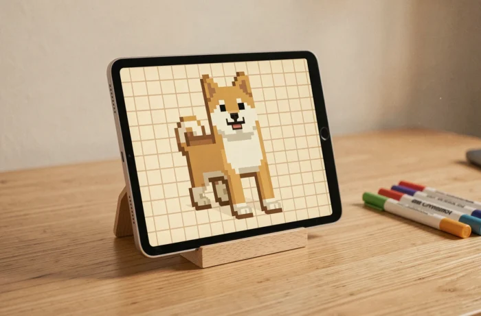 Tablette sur support bois affichant un pixel art de chien style Shiba Inu en tons beige et blanc sur fond crème