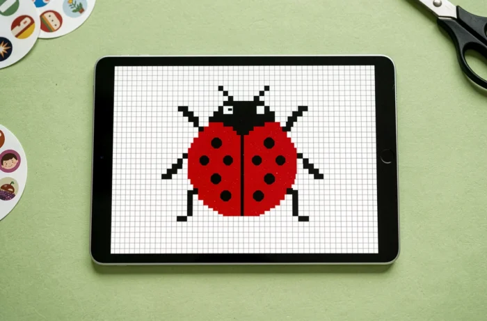 Tablette posée sur papier vert affichant un pixel art simple de coccinelle rouge à pois noirs avec six pattes sur fond blanc