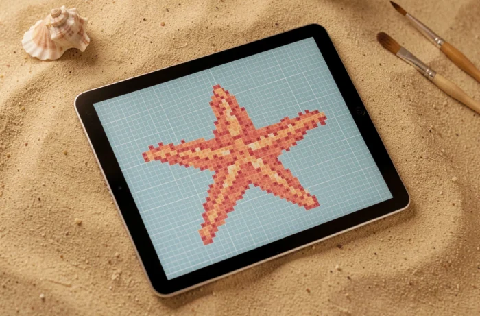 Tablette sur bureau sablé affichant un pixel art d'étoile de mer à cinq bras symétriques en rose corail et orange sur fond bleu océan