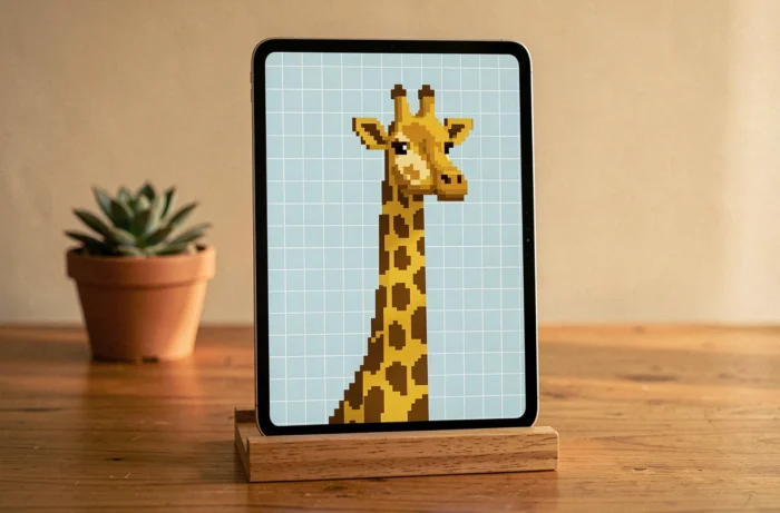 Tablette sur support bois affichant un pixel art de tête et cou de girafe en jaune doré avec des taches brunes sur fond bleu ciel