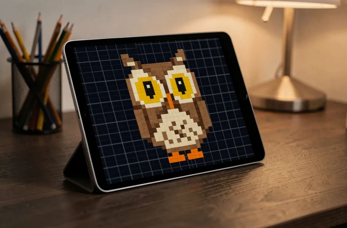 Tablette sur bureau en bois sombre affichant un pixel art de hibou aux grands yeux jaunes avec plumes brunes et crème sur fond bleu marine