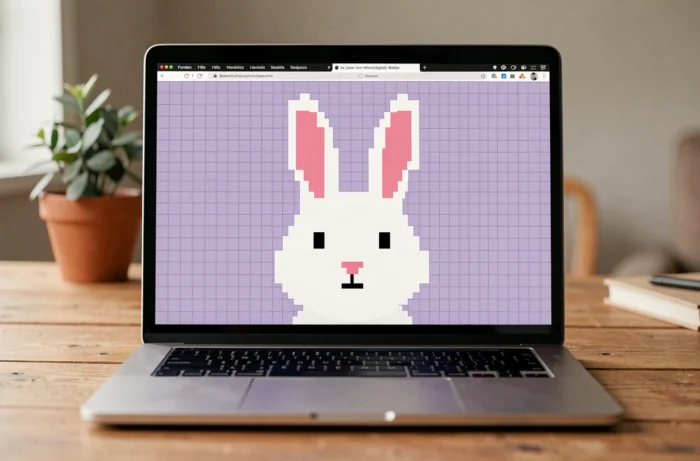 Écran d'ordinateur portable montrant un pixel art de lapin vu de face avec de grandes oreilles roses sur fond lavande