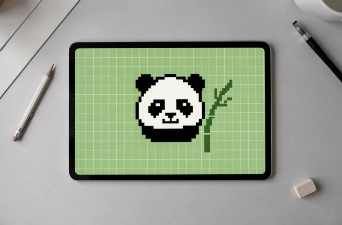Tablette posée sur un bureau affichant un pixel art de panda à tête ronde en noir et blanc avec une tige de bambou