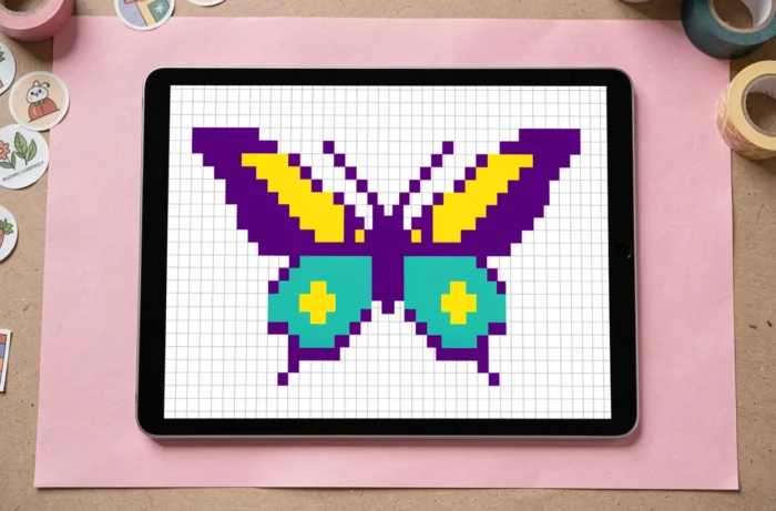 Tablette posée à plat sur papier rose affichant un pixel art de papillon symétrique aux ailes colorées en violet, jaune et turquoise