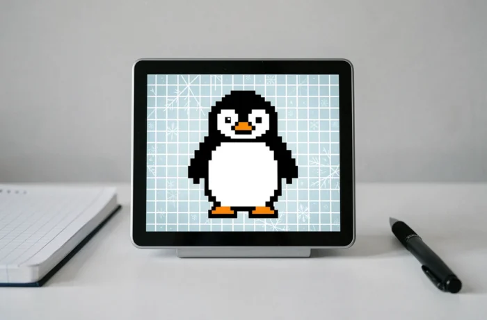 Moniteur blanc affichant un pixel art de pingouin de face en noir et blanc avec bec et pattes oranges sur fond bleu glacé