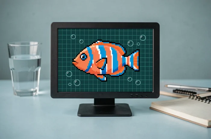 Moniteur affichant un pixel art de poisson tropical aux couleurs vives en orange corail, bleu électrique et blanc sur fond bleu-vert profond