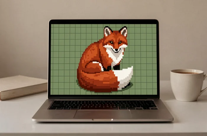 Ordinateur portable affichant un pixel art de renard roux assis avec une queue touffue blanche sur fond vert forêt