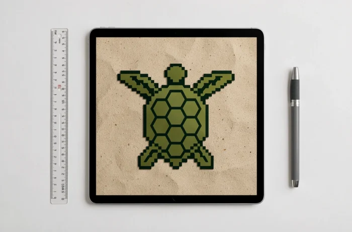 Tablette à plat sur bureau blanc affichant un pixel art de tortue vue du dessus avec une carapace hexagonale en vert olive et vert foncé