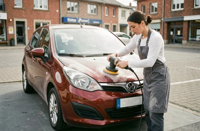 Spécialiste en detailing automobile polissant la carrosserie rouge d'un véhicule à l'extérieur d'un centre de nettoyage professionnel à Metz