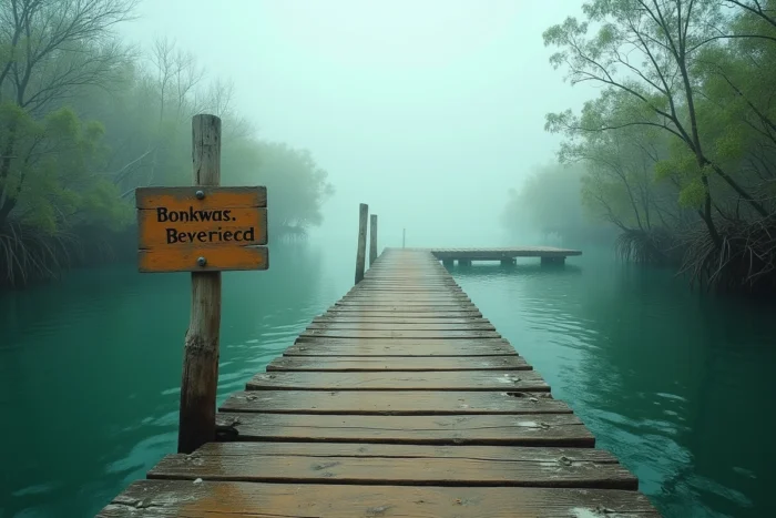 Vieux ponton en bois sur un lagon tropical entouré de mangroves évoquant le mystère de l'île de Mako