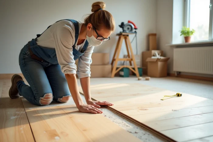 Femme posant un parquet stratifié lors de travaux de rénovation de sol dans une maison
