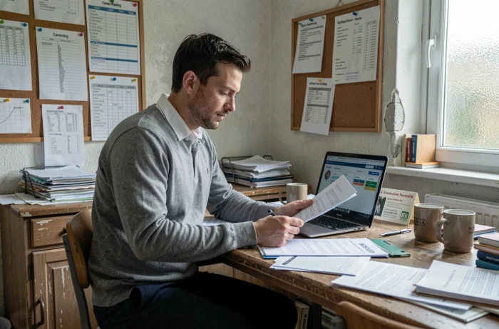 Professeur masculin consultant des documents de carrière dans une salle des profs