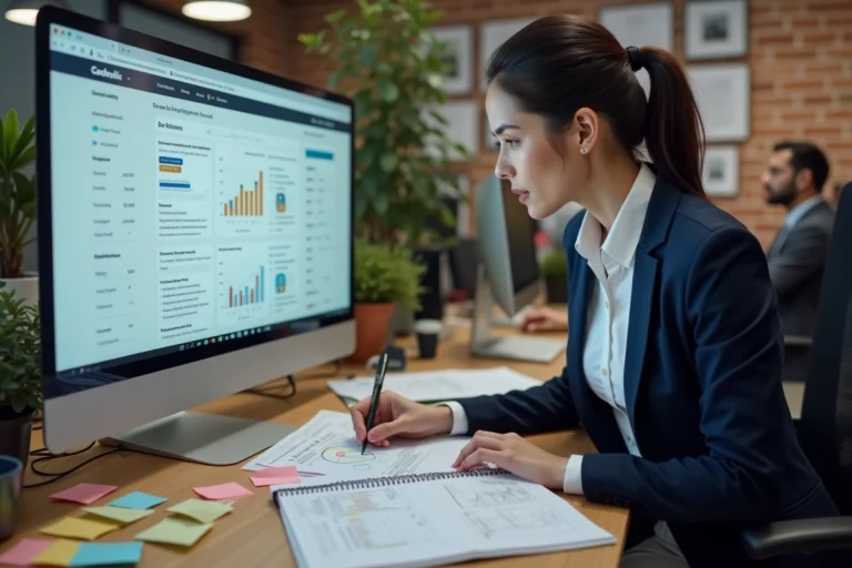 Professionnelle analysant une stratégie de netlinking sur un écran d'ordinateur avec des rapports de veille digitale sur son bureau