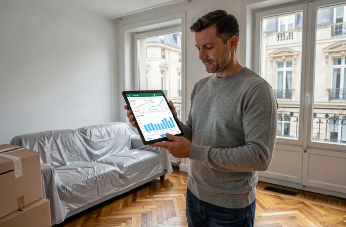 Propriétaire consultant une plateforme de comparaison des prix immobiliers sur tablette avant de vendre son appartement
