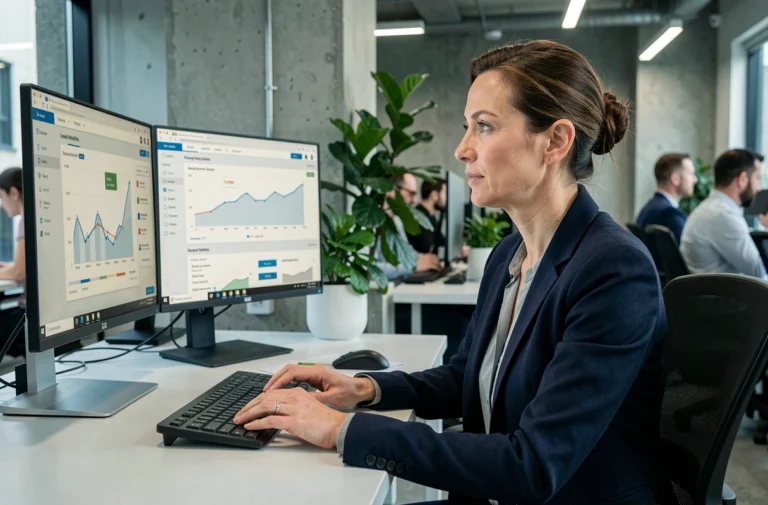 Professionnelle en blazer marine analysant des tableaux de bord de prospection digitale B2B sur deux écrans dans un bureau moderne