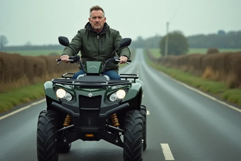 Homme adulte assis sur un quad homologué route en milieu rural, équipé de rétroviseurs et plaque d'immatriculation, prêt à conduire avec un permis B