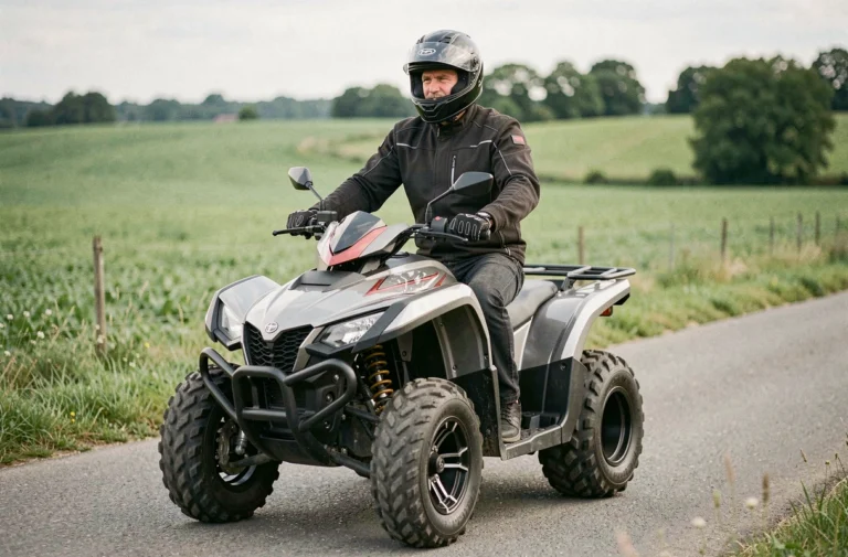 Homme adulte en équipement de sécurité conduisant un quad homologué route sur une route de campagne