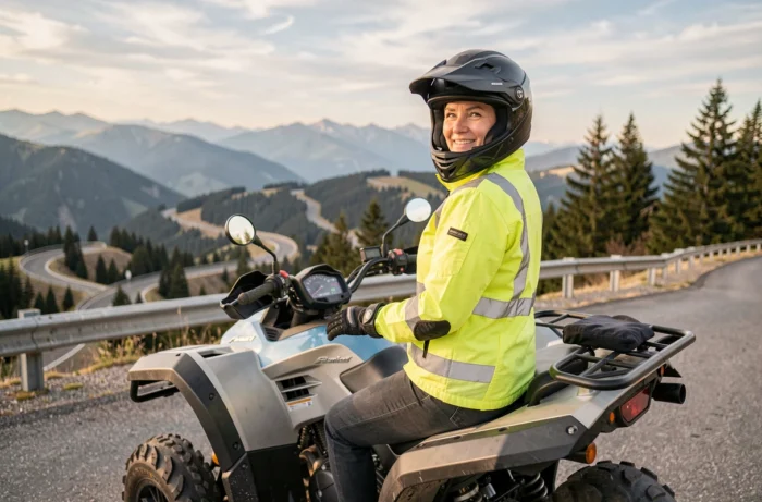 Femme adulte en équipement de moto sur un quad route accessible avec permis B dans un paysage de montagne