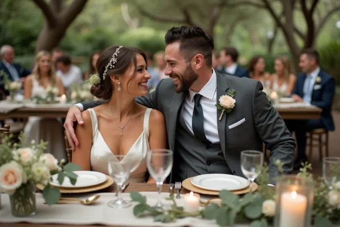 Couple souriant assis à une table en bois décorée de fleurs blanches lors d'une réception de mariage intimiste en plein air