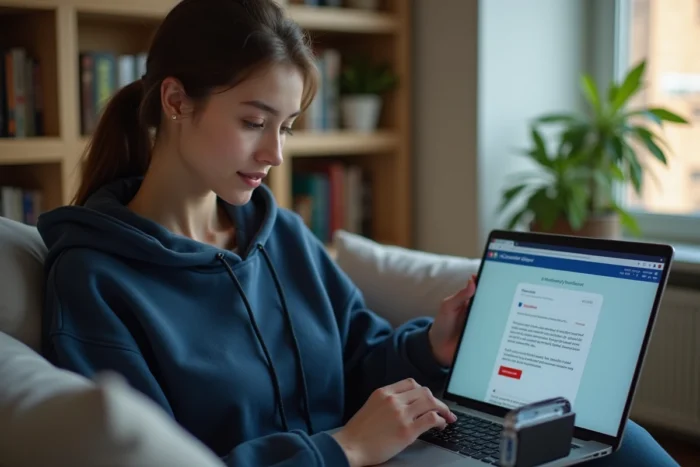 Jeune femme déposant une réclamation en ligne pour un retard de livraison Carrefour