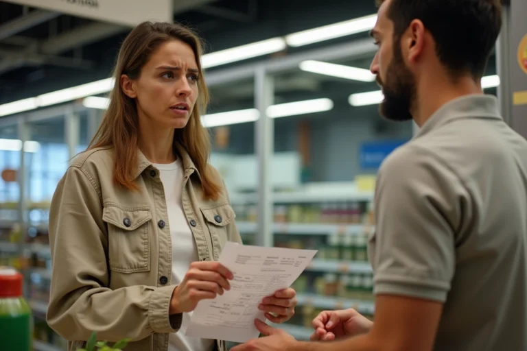 Femme réclamant un colis manquant au service client Carrefour avec un reçu de livraison