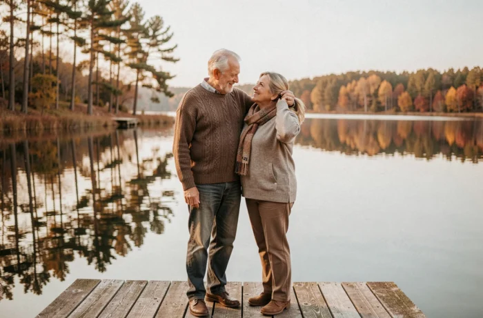 Couple mature s'échangeant un regard d'amour profond et complice sur un ponton au bord d'un lac en automne