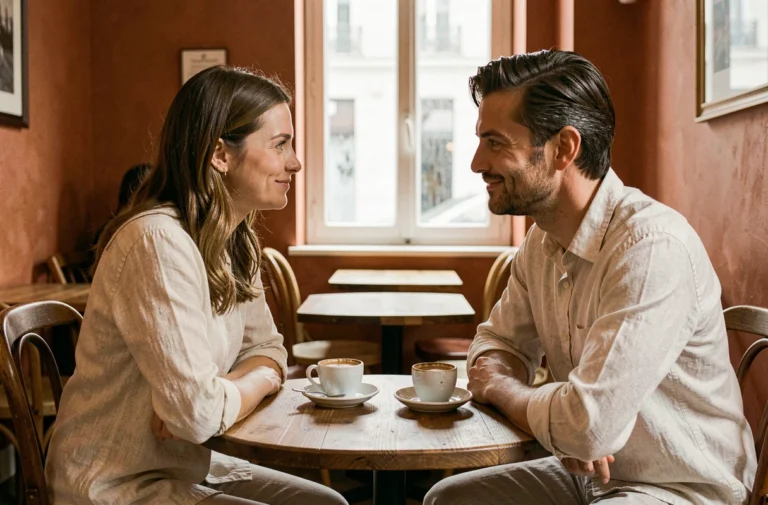 Couple échangeant un regard amoureux tendre dans un café parisien vintage, atmosphère intime et chaleureuse