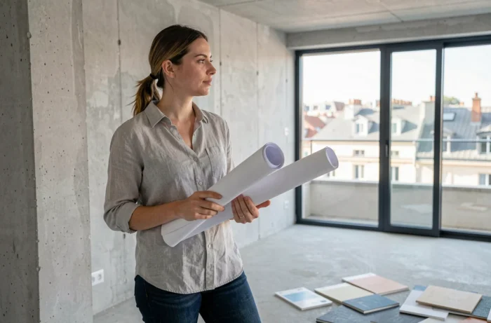 Femme architecte tenant des plans dans un appartement neuf vide à Lyon avant rénovation