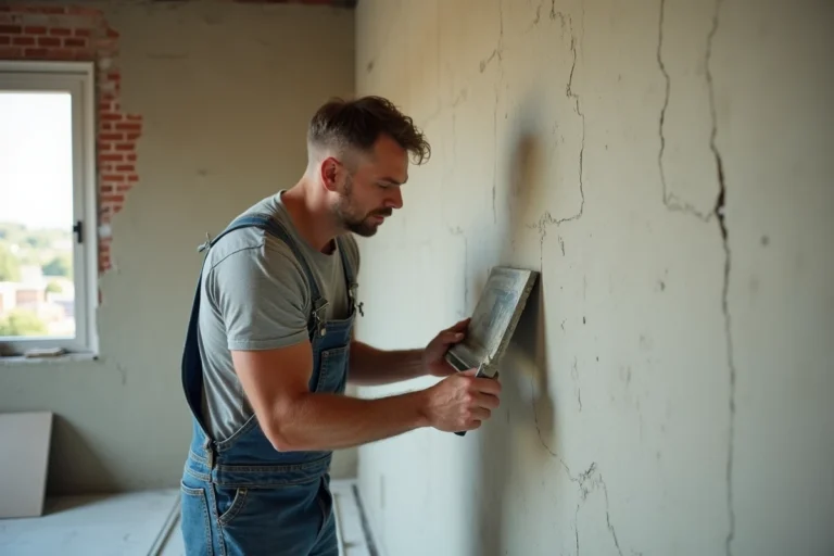 Homme en salopette appliquant de l'enduit sur un mur en cours de rénovation intérieure