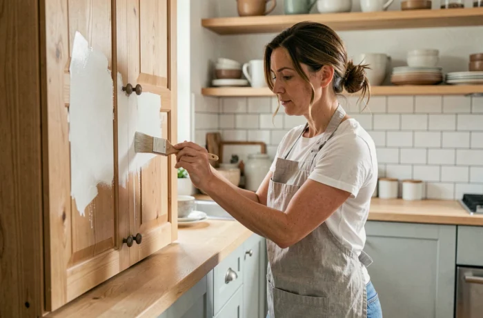 Femme renovant un meuble de cuisine en bois avec de la peinture blanche, astuce bricolage maison