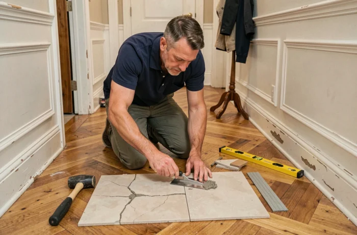 Homme remplacant un carreau casse sur un plancher de couloir, conseil entretien sol maison