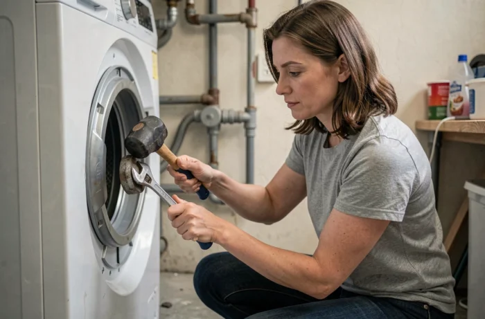 Femme effectuant la réparation d'un roulement de tambour de machine à laver à domicile