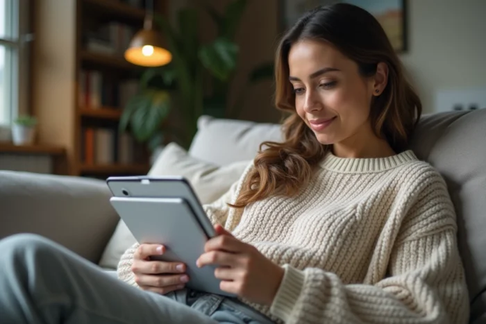 Femme répondant à des sondages rémunérés sur une tablette depuis son canapé à la maison