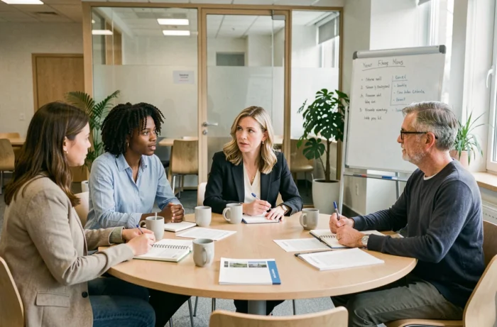 Groupe d'enseignants discutant de leur avenir professionnel autour d'une table de réunion