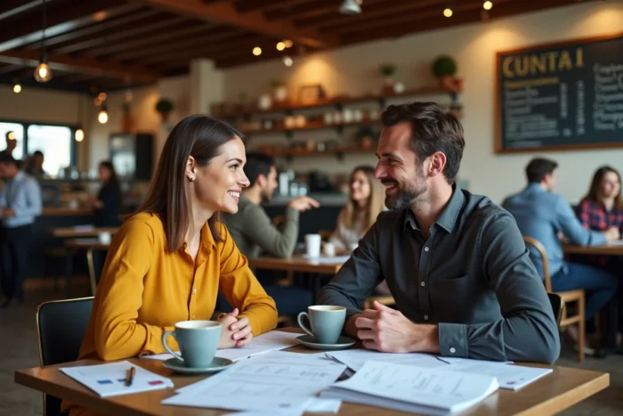 Deux professionnels discutant d'une stratégie de développement business en ligne autour d'un café en ville