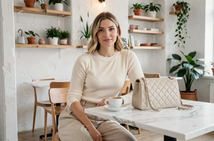 Femme assise dans un café moderne avec un sac à bandoulière matelassé en cuir ivoire posé sur une table en marbre