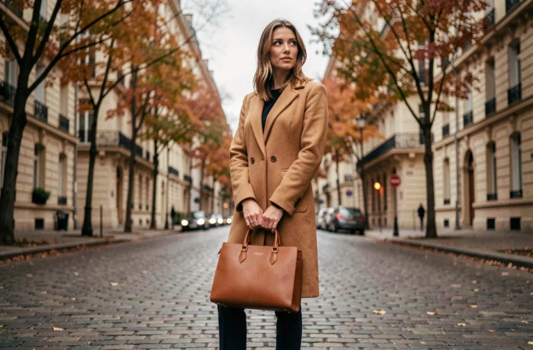 Femme élégante tenant un sac à main structuré en cuir cognac à poignées rigides dans une rue pavée parisienne en automne