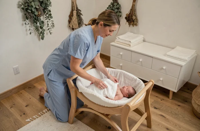 Sage-femme déposant délicatement un nouveau-né dans un berceau en bois dans un centre de naissance naturelle