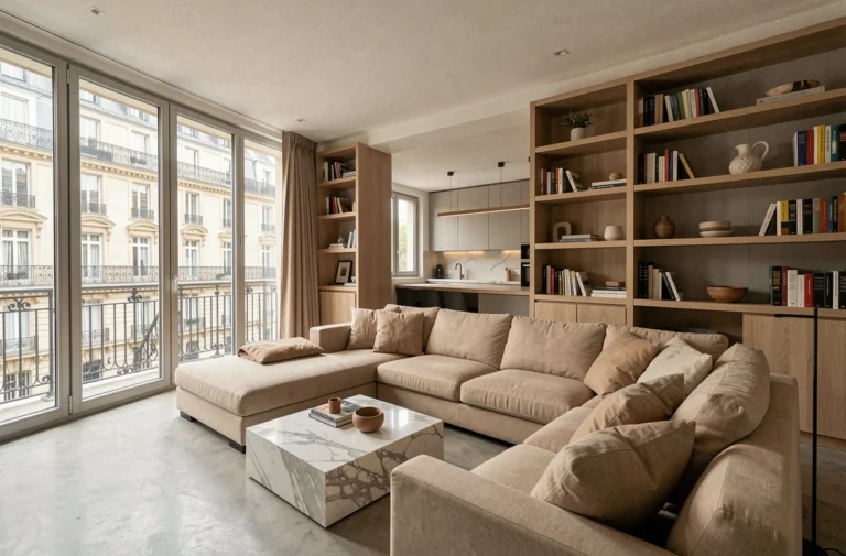 Salon spacieux et lumineux d'un appartement 5 pièces parisien avec cuisine ouverte et sol en béton ciré