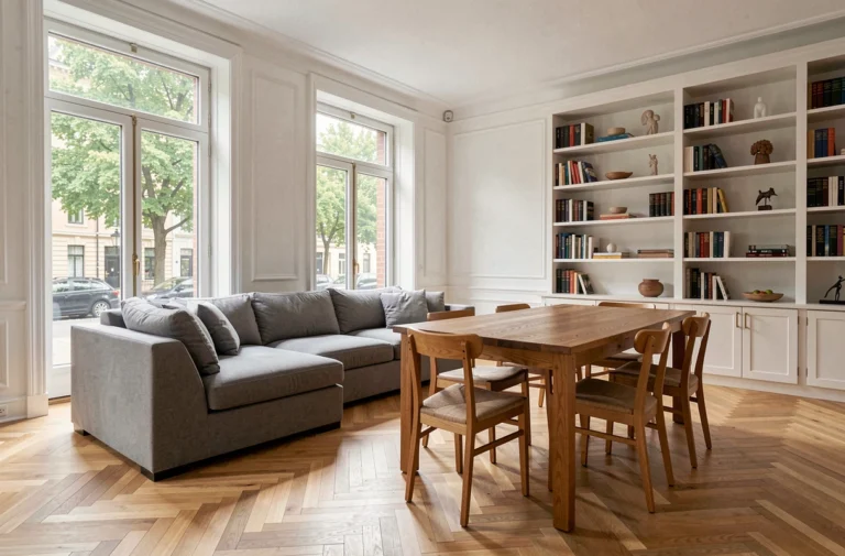Salon séjour spacieux d'un appartement 5 pièces avec parquet en chêne et grandes fenêtres