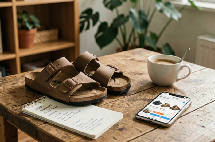 Sandales Billowy et Birkenstock posées sur une table en bois avec un carnet de comparaison et une tasse de café dans un intérieur cosy