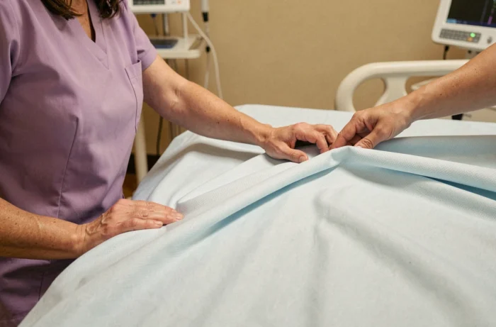 Aide-soignante ajustant un drap de sécurité Sécuridrap sur un lit médicalisé à domicile